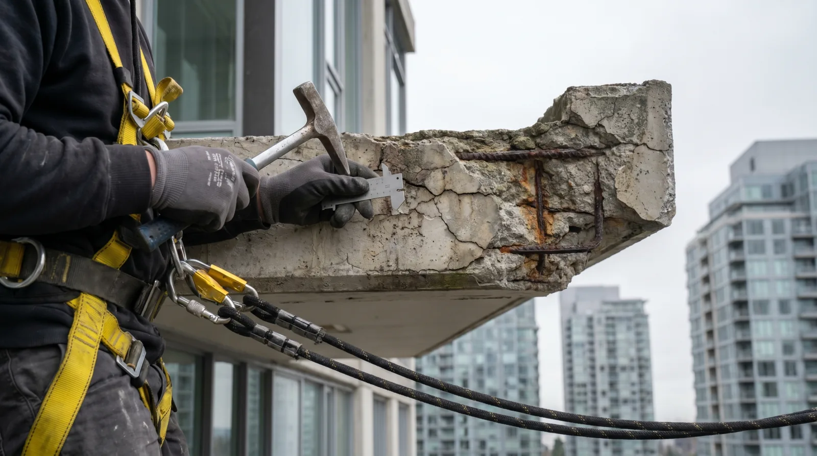 Building envelope specialist on dual rope-access lines measuring concrete spalling and exposed corroded rebar on a Vancouver high-rise balcony edge.