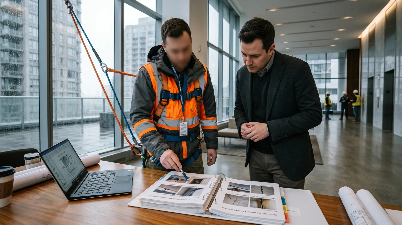 A strata council member photographing water-damaged drywall and a building envelope defect to document a 2-5-10 home warranty claim in New Westminster.