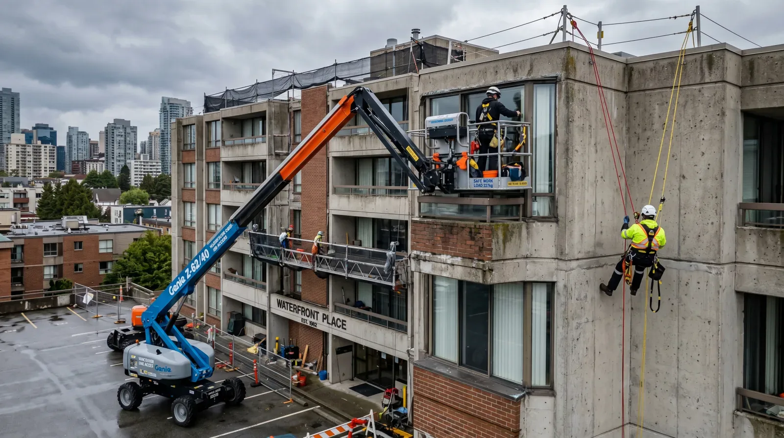A boom lift parked at the base of a Richmond, BC mid-rise next to a rope access technician descending a taller adjacent tower, comparing the two facade access methods.